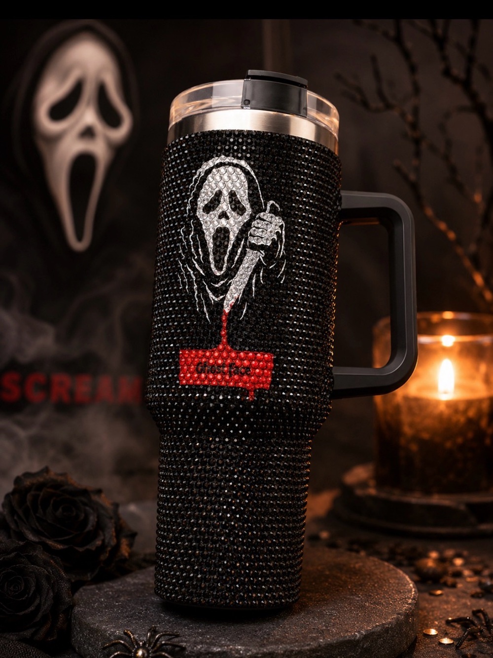Black Rhinestone Scream Travel Mug with Red Blood Accent 40oz
